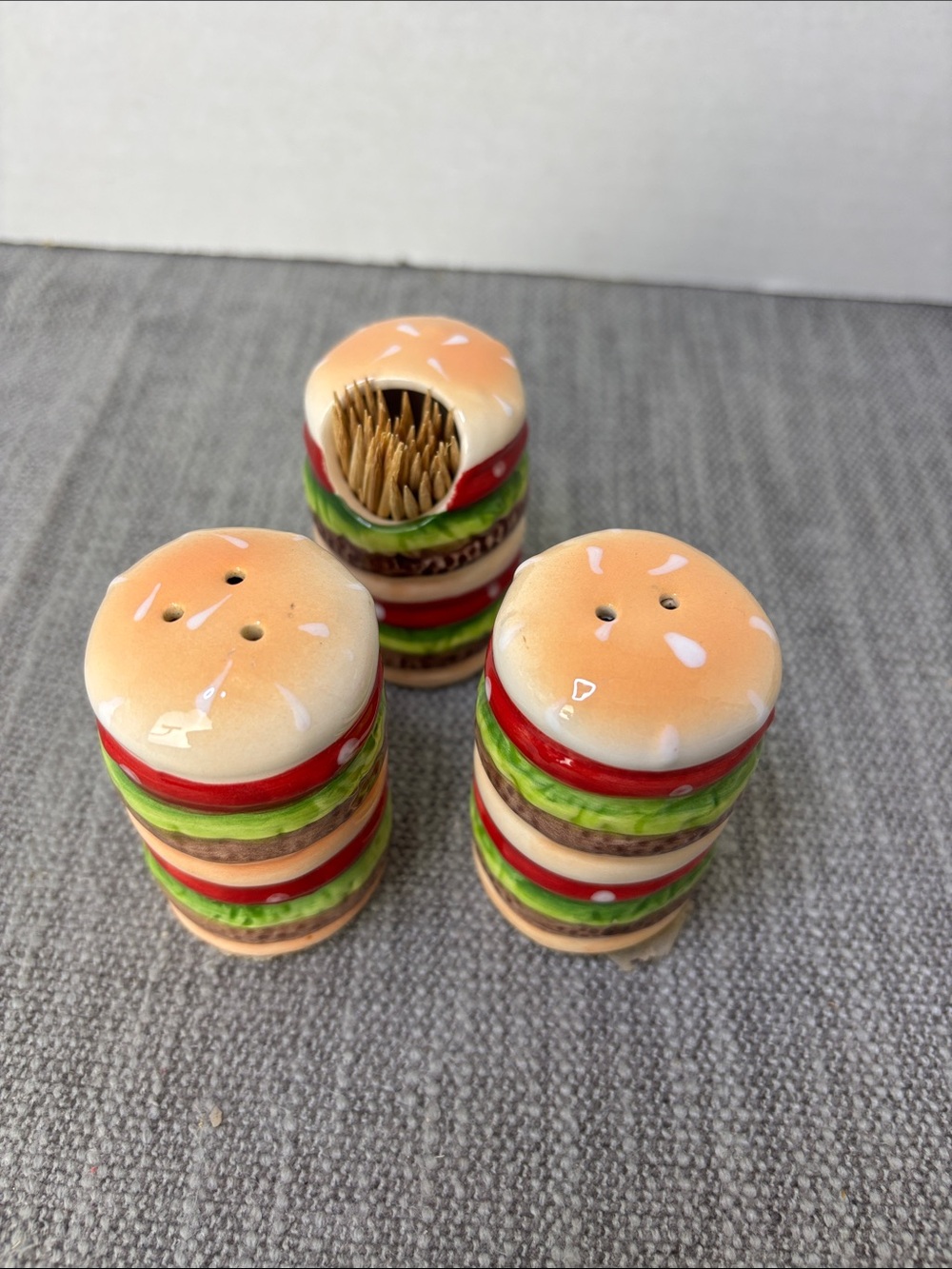 Novelty Burger Stack Salt & Pepper Shakers with Toothpick Holder